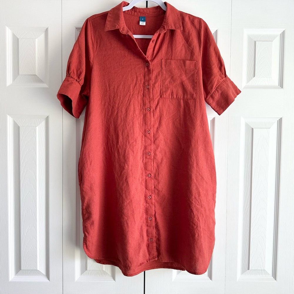 Old Navy Dress Womens Size M Loose Linen-Blend Midi Shirt Dress Bronzed Amber
